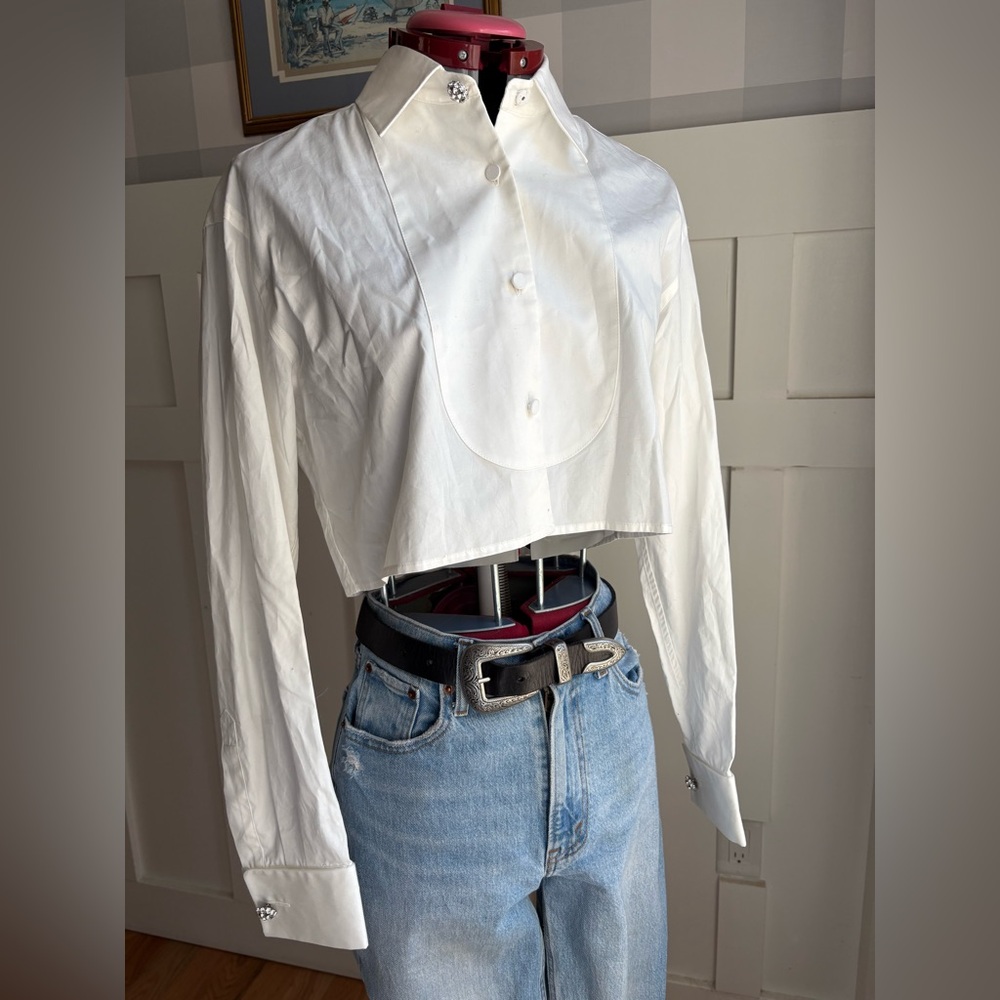 Cropped Cotton Crystal Button White Button-Front Women's Shirt Classic Small